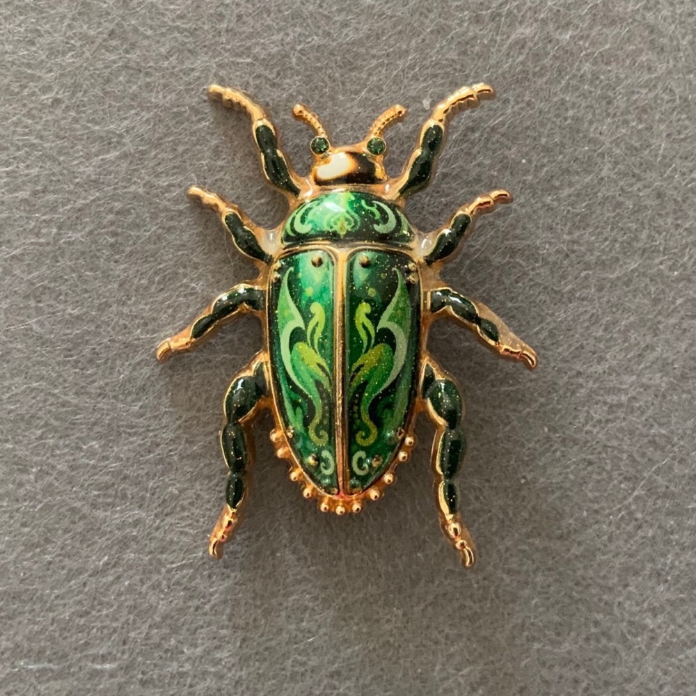 Vintage Style Green Enamel Beetle Brooch Gold Tone Rhinestone Insect Bug Pin